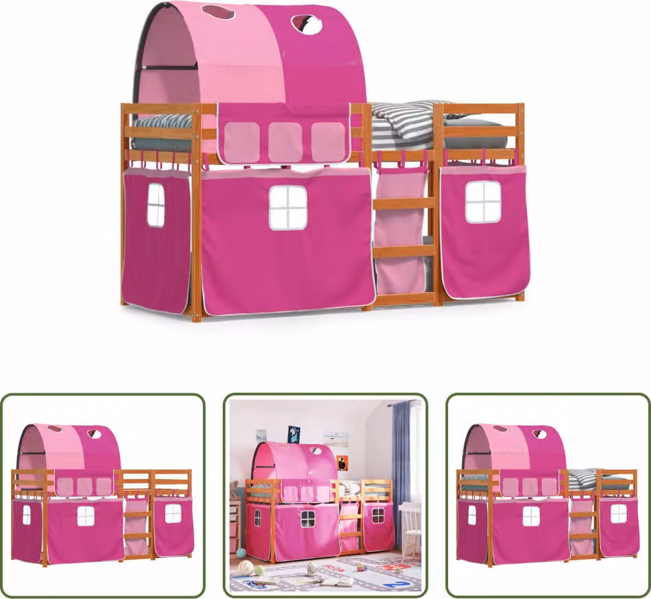 The Living Store Letto a castello con tende rosa 80x200 cm in legno di pino massiccio