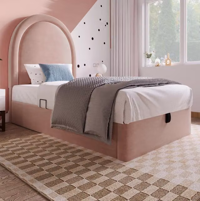 Letto imbottito singolo 90x190 cm con contenitore; velluto rosa