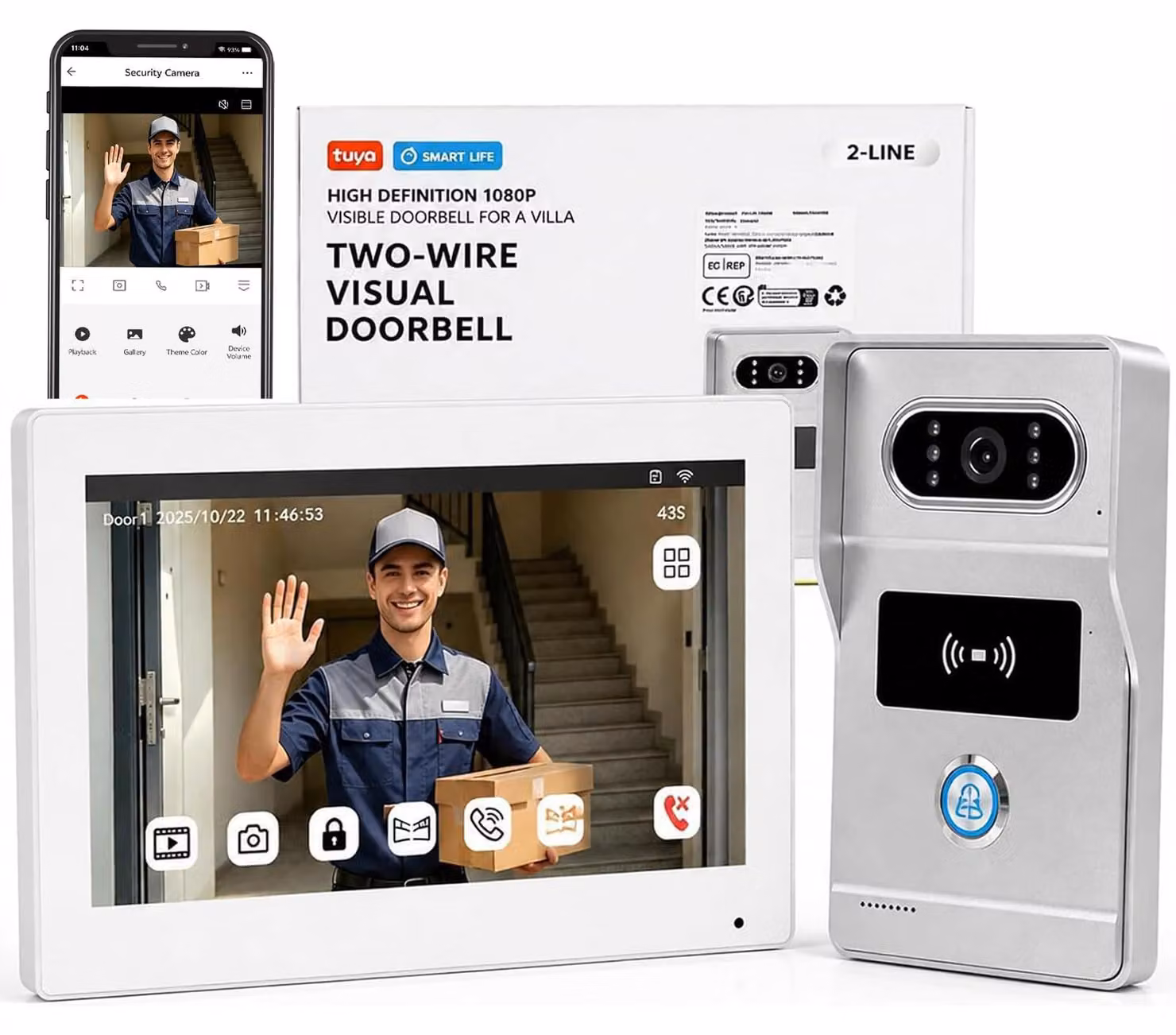 Citofono con videocamera da interno, modello a due fili - Telecamera HD 1080P - Monitor da 7 pollici - Bianco