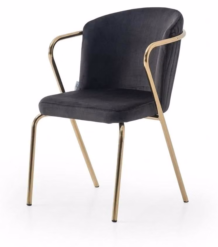 Sedia comoda, imbottita, in tessuto, con struttura in metallo, nera e con elementi dorati, dal design moderno