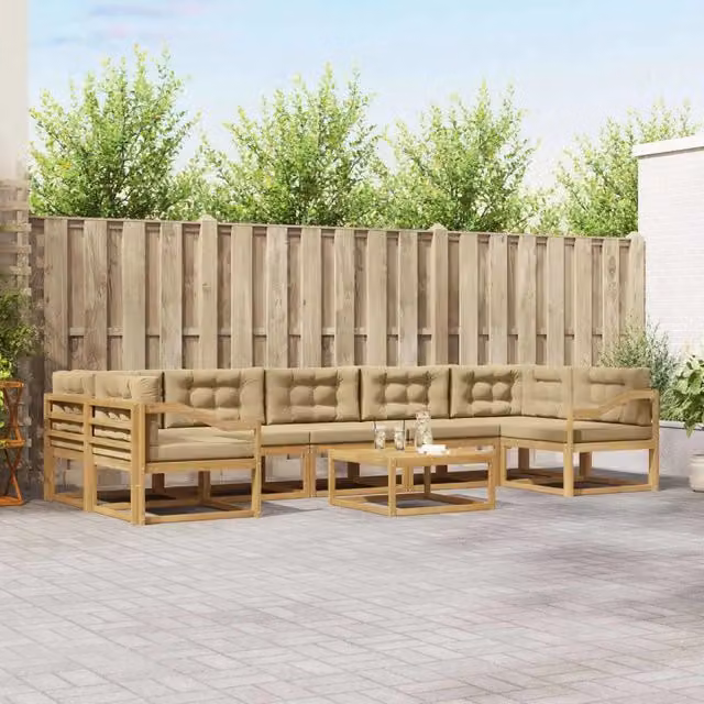 Set di divani da esterno a L con tavolino vidaXL in legno di acacia, Bianco e Beige
