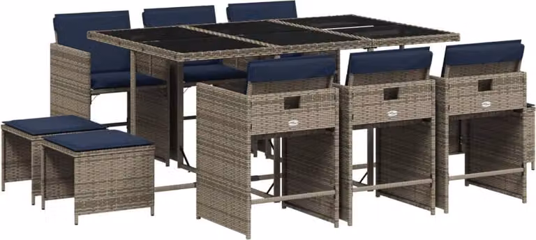 Set da pranzo da giardino da 11 pz con Cuscini in Polyrattan Grigio