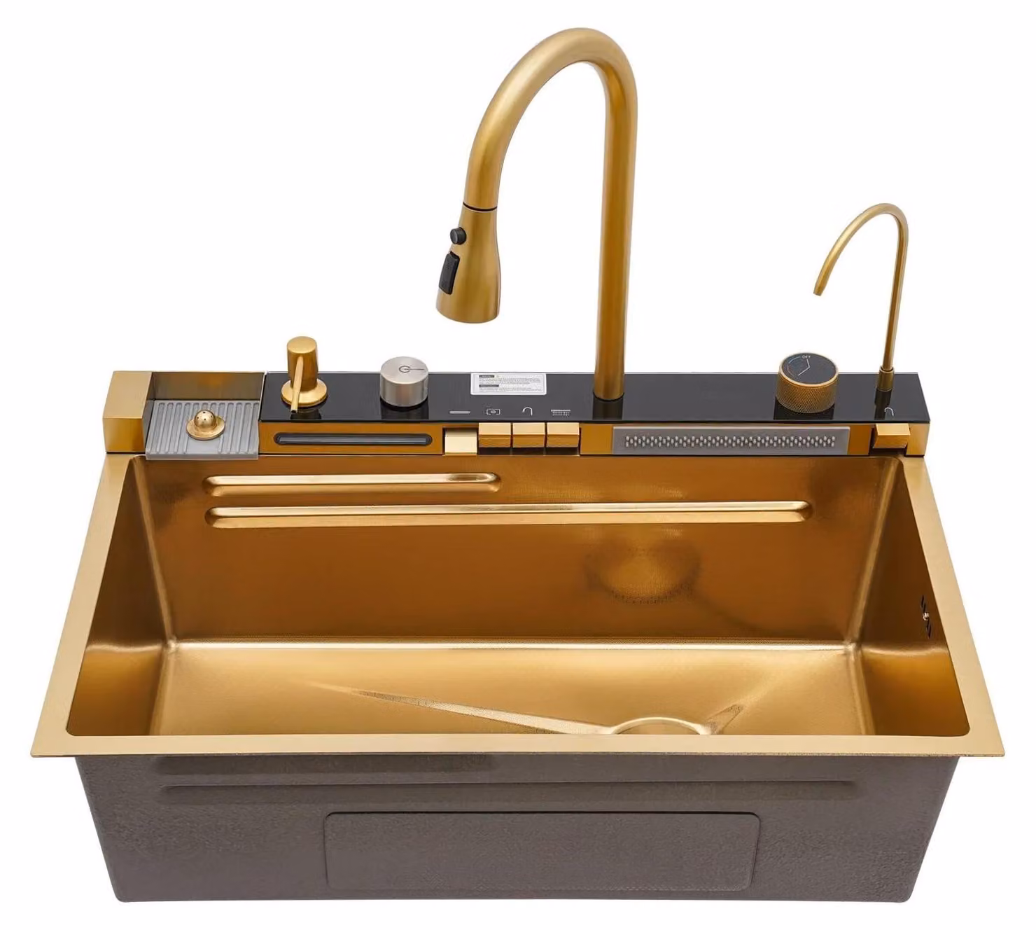 Lavello da cucina a cascata - Lavello monovasca in acciaio inossidabile - Miscelatore estraibile - Controllo della temperatura - Diverse tipologie di getto d'acqua - 75 x 46 x 22 cm - Oro