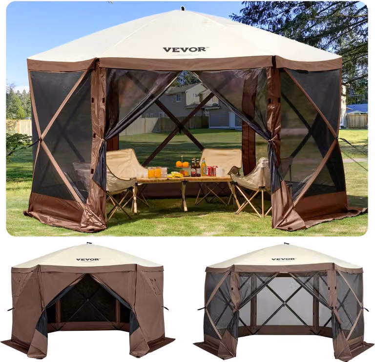 Gazebo pieghevole, 3,05 x 3,05 m, tenda pop-up da campeggio a 6 lati con finestre a rete, borsa portatile per il trasporto, picchetti per il terreno, grande gazebo da giardino per il campeggio all'aperto, il prato e il cortile