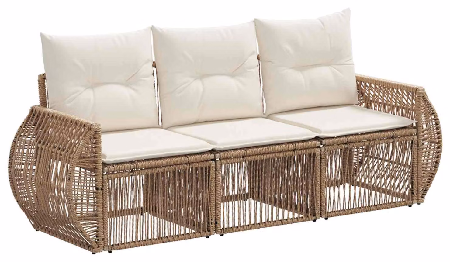 Tre divani da giardino in rattan sintetico, color beige e bianco crema