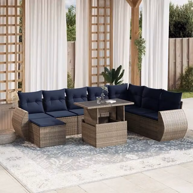 Set di Divani da Giardino 9 Pezzi vidaXL in Polyrattan con Cuscini Blu e Grigio e Tavolino da Caffè – 1