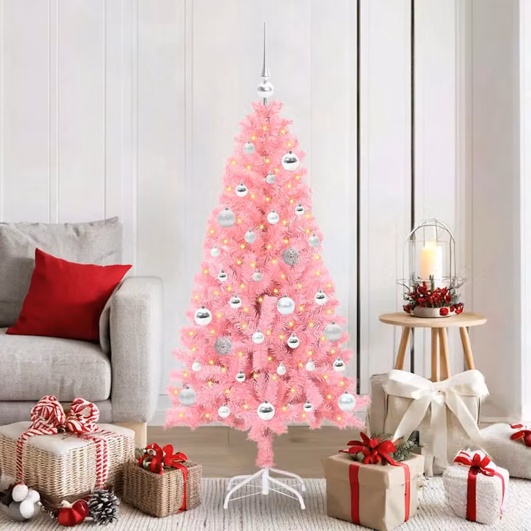 Albero di Natale moderno vidaXL rosa con luci LED bianco caldo in PVC, Altezza: 150 cm