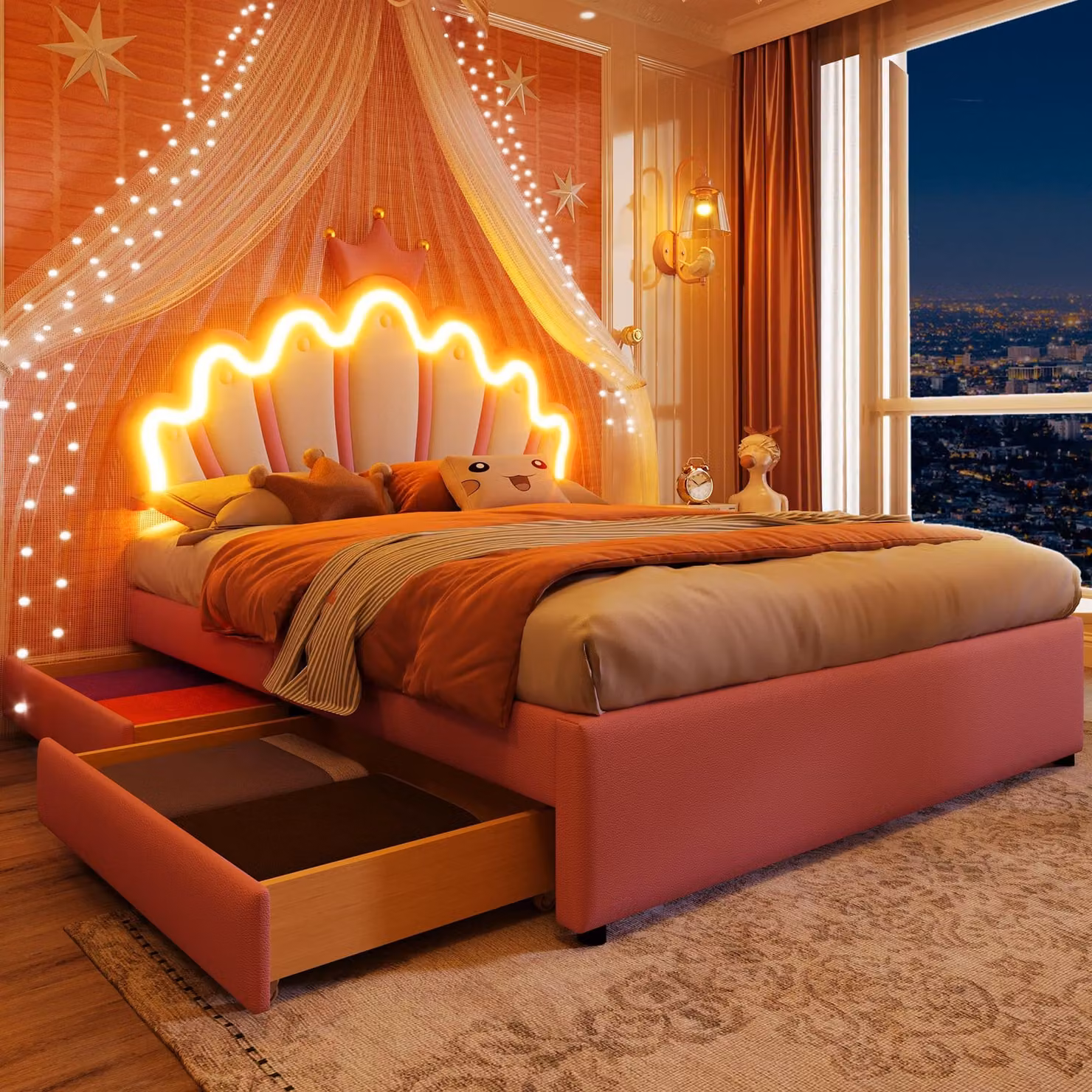 Letto imbottito Merax 140x200cm, letto da principessa con luci LED, testata regolabile, 2 cassetti, design a , PU, letto per bambini, letto per giovani, rosa