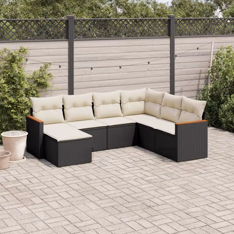 vidaXL Set Divano da Giardino a L con 7 Cuscini, Struttura in Metallo e Polyrattan Nero e Bianco