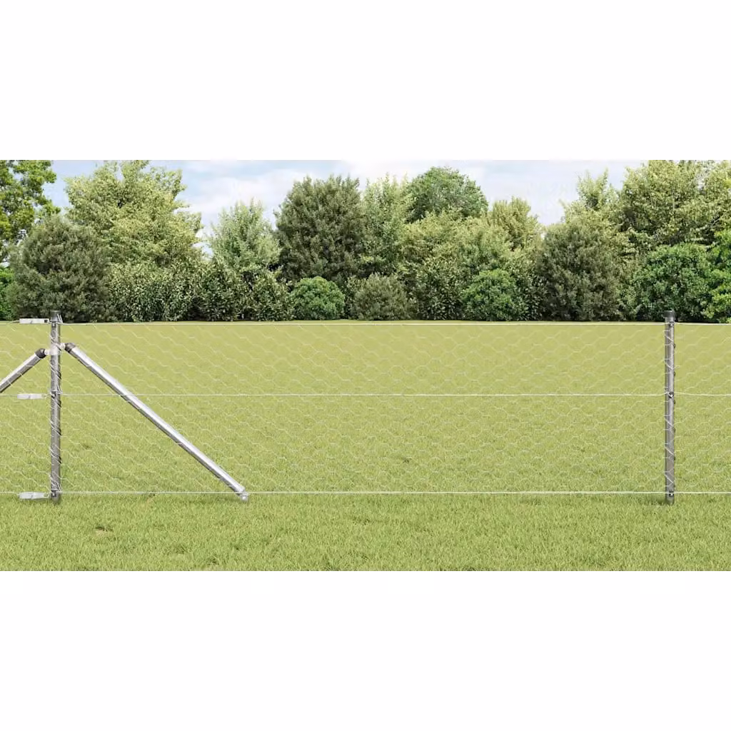 Recinzione esagonale con pali in acciaio zincato argento vidaXL, L: 25 m, H: 0,6 m