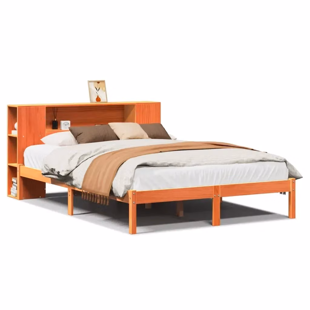 Letto Libreria vidaXL in Legno di Pino Massiccio Marrone Cera con Ripiani Laterali L/P/H: 140 x 190 cm – 2