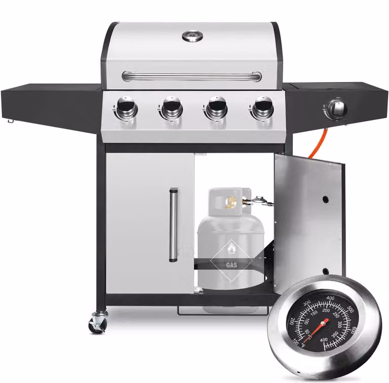 Griglia a gas con 4+1 bruciatori - Carrello per barbecue - Metano - Acciaio inossidabile - Ripiani laterali e coperchio - Ideale per giardino, terrazza, campeggio - Argento