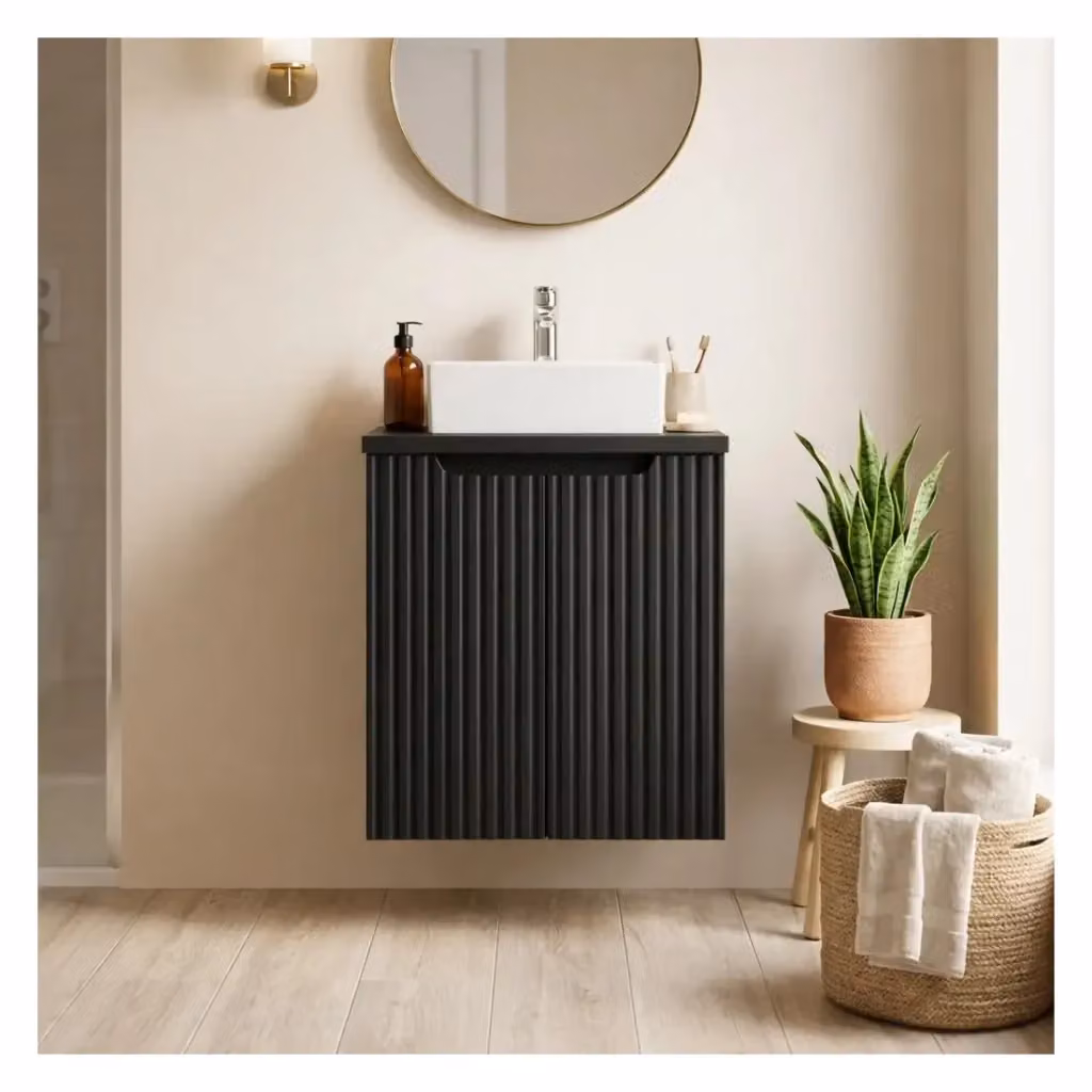 Set da bagno sospeso Meublorama VANO 50cm: mobile sottolavabo con ante a doghe nero e piano per lavabo nero opaco – 2