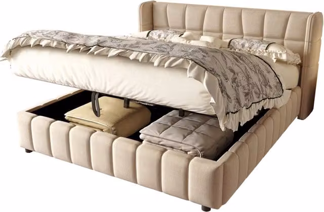 Letto matrimoniale imbottito 180x200 con contenitore， rete a doghe， testiera moderna e struttura in tessuto beige per camera da letto， senza materasso