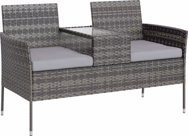 Panchina da esterno Outsunny a 2 posti con tavolino da caffè in rattan PE e acciaio, colore grigio, L: 137 cm, P: 59 cm, H: 82 cm