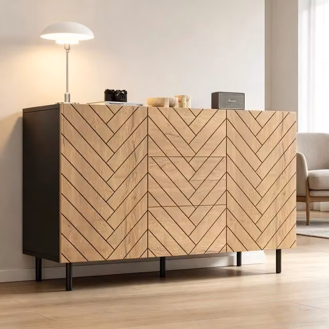 Credenza moderna SINGULARTY in MDF con cassetti soft close, finitura opaca, color legno naturale e nero, L/P/H: 120 x 40 x 76 cm