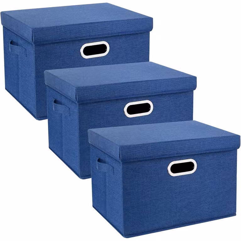 Contenitore con coperchio, in tessuto, pieghevole, lavabile, set da 3, colore blu classico, dimensioni 44x30x29 cm