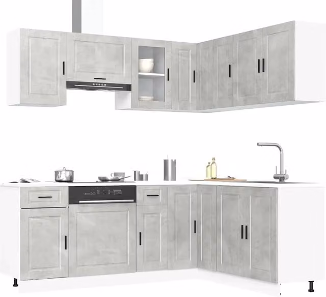 Set di mobili da cucina moderno vidaXL in legno e vetro, colore grigio, 11 pezzi con ante a battente e scaffali interni