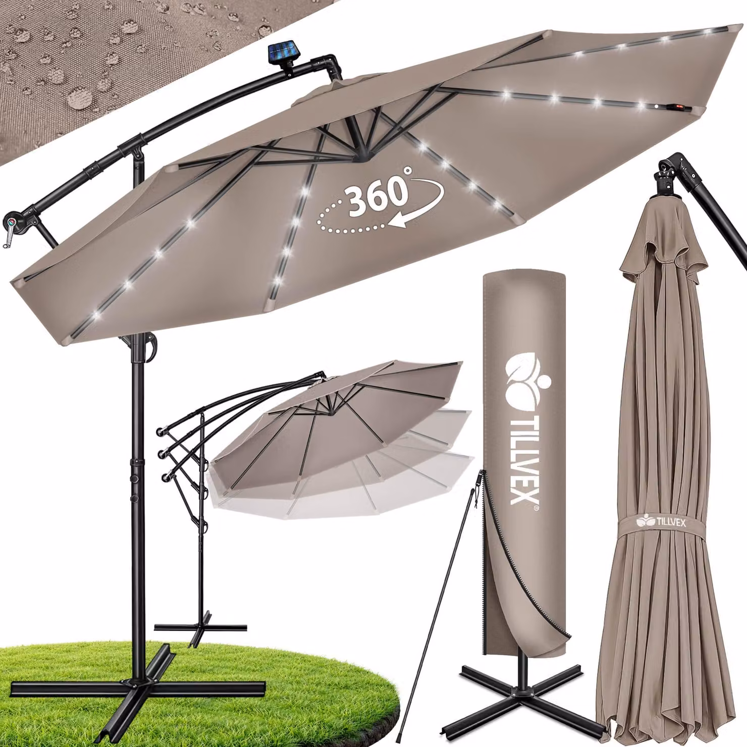 tillvex Ombrellone a braccio articolato in alluminio Cappuccino LED solare Ø 350 cm con manovella | Ombrellone con interruttore on/off | Ombrellone da giardino in alluminio con protezione UV | Ombrellone a manovella con base, ombrellone da mercato imperme