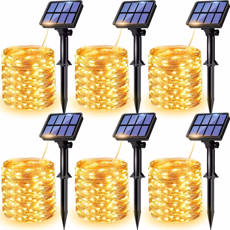Catena luminosa solare, 12 metri, 120 LED luce calda, 8 modalità, impermeabile, confezione da 6