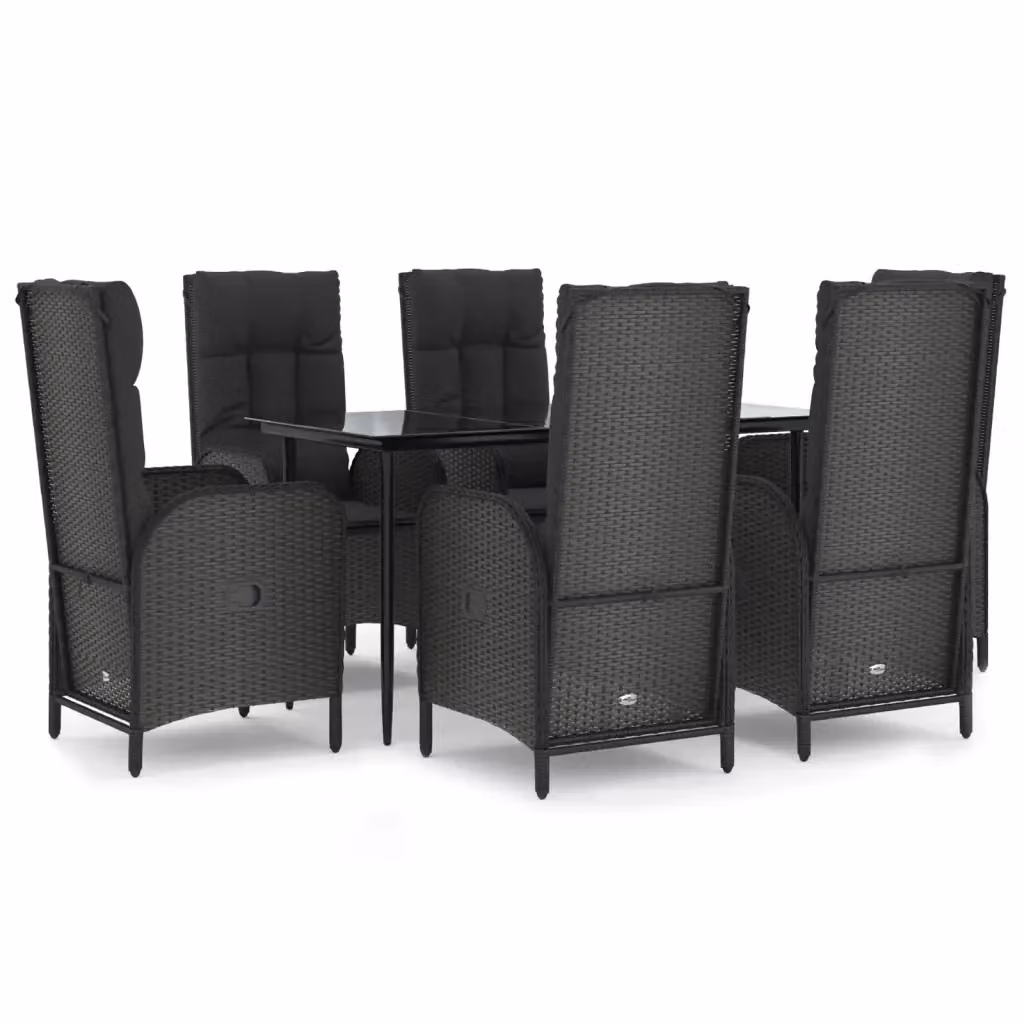Set da Pranzo da Giardino Moderno VIDAXL in Polyrattan Nero con Cuscini e Tavolo in Vetro, 7 Pezzi – 2