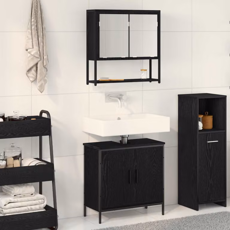 Set di mobili per il bagno vidaXL composto da mobile lavabo e armadietto con specchio, nero opaco, L 60 x P 30 x H 60 cm