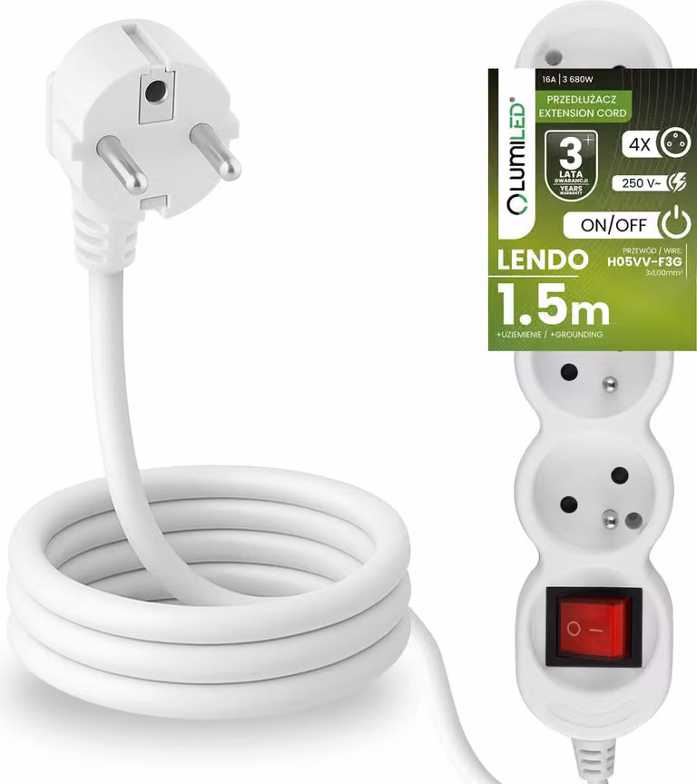 Presa multipla LUMILED con interruttore ON/OFF Presa a 4 vie tipo E, cavo da 1,5 m H05VV-F3G, bianco, presa multipla E 16A 3680W 250V IP20 Staffa per sospensione