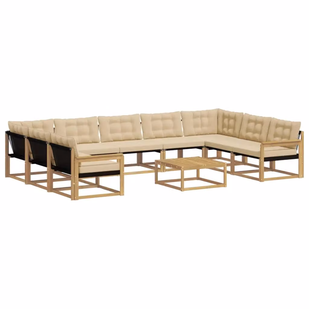 Set di divani da esterno a forma di U vidaXL in legno di acacia con tavolino e cuscini Bianco e Beige – 2
