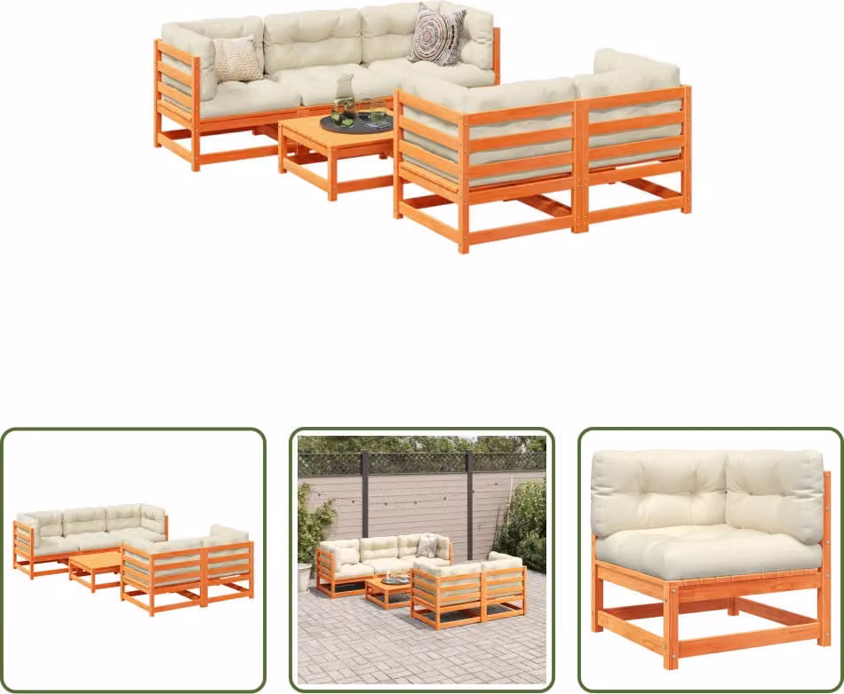 The Living Store Set di divani da giardino 6 pezzi con cuscini in legno di pino marrone cera