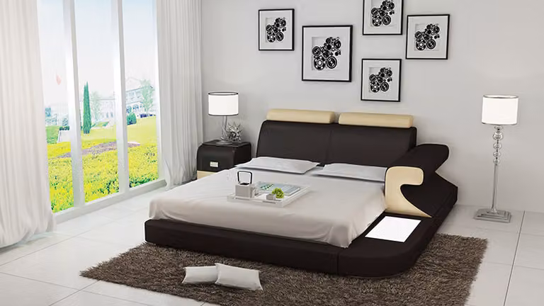 Luxus Bett + Beleuchtung Lederbett Betten Sofa Big Ehe Polster 140/160/180