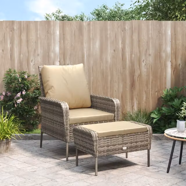Poltroncina da giardino con poggiapiedi in polyrattan e metallo, colore marrone e beige, design moderno – 1
