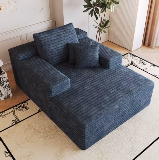 Divano chaise longue in velluto a coste blu; seduta ampia in schiuma elastica; senza montaggio