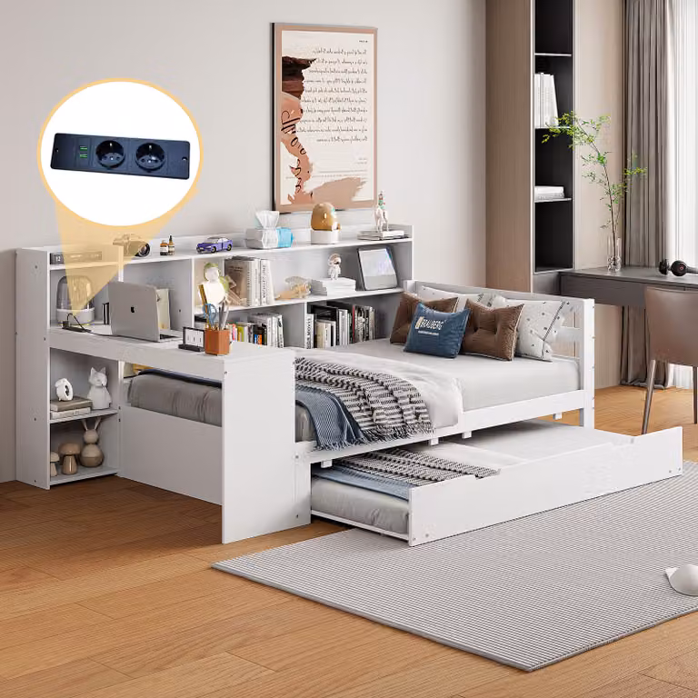 MODFU Letto pieghevole Letto per bambini Letto estraibile, Letto per ragazzi, 90x200 cm, Con scrivania, libreria, ripiani e contenitori, Con presa elettrica, Bianco, senza materasso