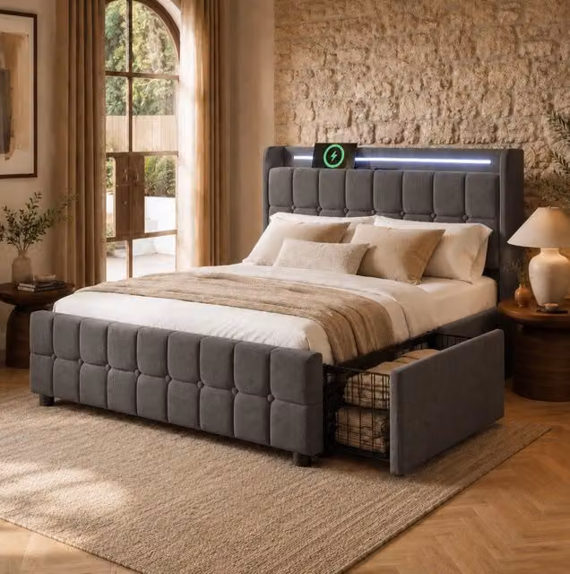 Letto matrimoniale 140x200 cm con LED; prese USB e 4 cassetti; grigio