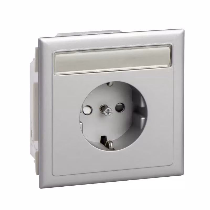 Presa Schuko Schneider Electric a 1 posto con scatola da incasso, finitura effetto alluminio, targhetta identificativa TIPO: CYB-PS-SK1-AL 5975002
