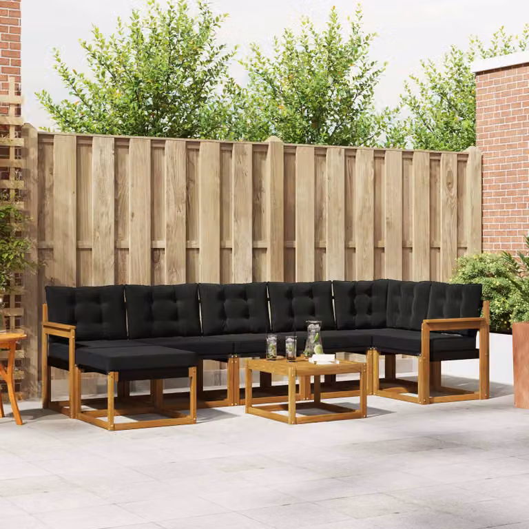 Set di divani da esterno vidaXL 8 pz in legno di acacia con cuscini rimovibili, colore marrone e nero