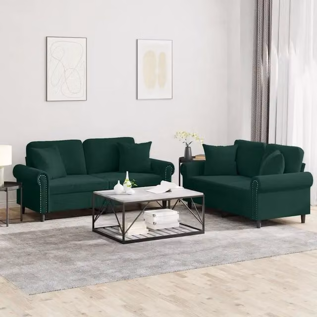 Set di 2 Divani vidaXL in Velluto Verde con Cuscini e Struttura Imbottita Moderna