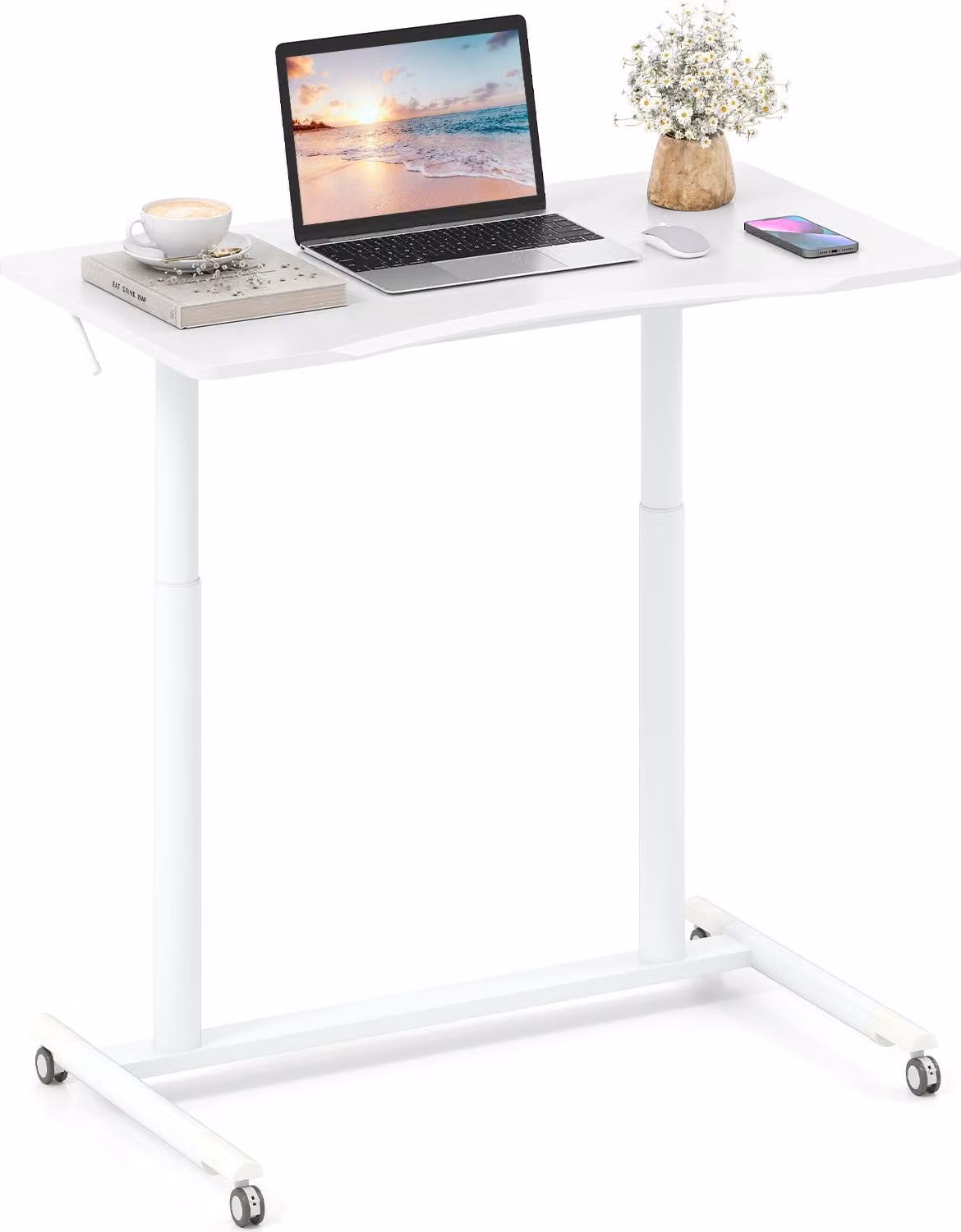 COSTWAY Scrivania a C con rotelle, altezza regolabile 70-106 cm, piccola scrivania per computer con struttura in metallo, scrivania mobile, tavolo per laptop, bianco