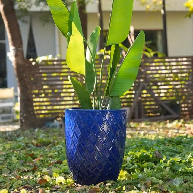Fioriera a più livelli OKWISH in ceramica fatta a mano per piante grandi da interno e giardino, colore blu reale, L: 54 cm, P: 54 cm, H: 42 cm