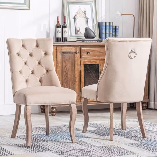 Sedia da Pranzo con Schienale Alto in Velluto Beige e Gambe in Legno Massello ¨C Xylo ¨C Set 2 Pezzi