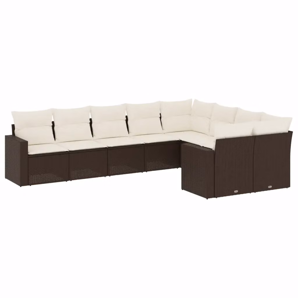 Set di divani da giardino vidaXL a forma di L composto da 9 pezzi con cuscini marroni e bianchi in polyrattan e struttura in metallo – 2