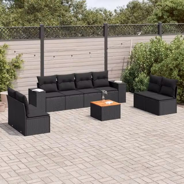 Set Divani da Giardino 9 pz con Cuscini Nero in Polyrattan 3225404