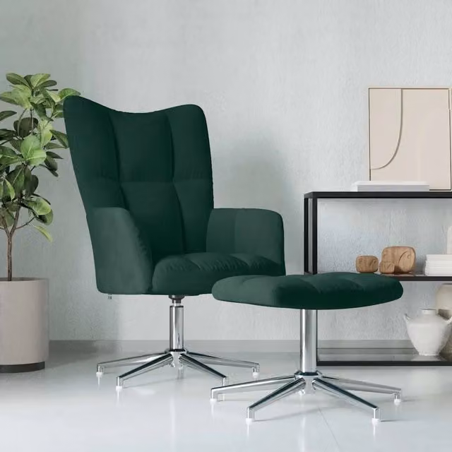 Poltrona Relax con Poggiapiedi Verde in Velluto e Struttura in Metallo con Seduta Girevole a 360 Gradi – 1