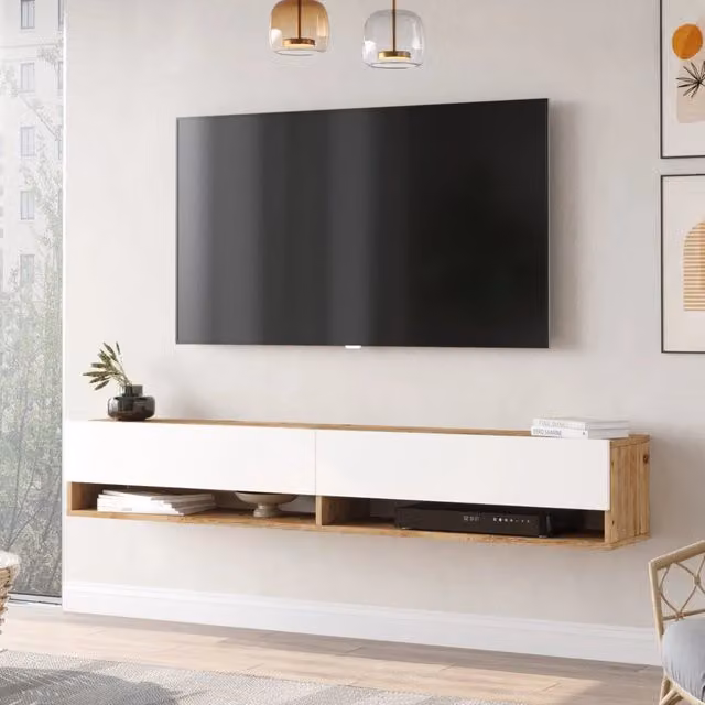 Consolle da parete Laitila en.casa con 2 ante e scomparti per media unit, Rovere e Bianco, L: 180 cm, H: 31,5 cm, P: 29,5 cm