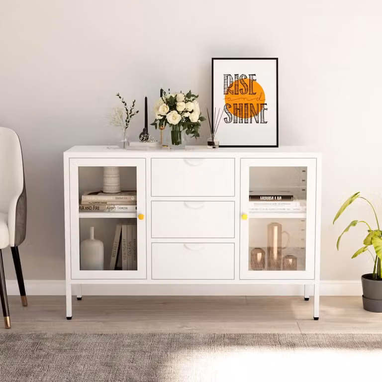 vidaXL Credenza Bianca in Acciaio e Vetro Temperato L: 105 cm, P: 35 cm, H: 70 cm