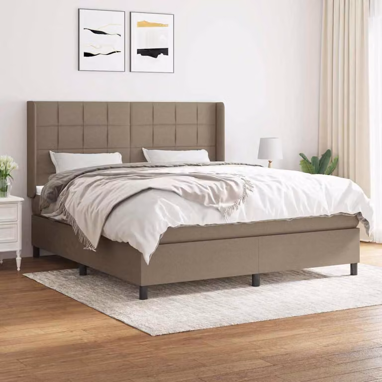 vidaXL Giroletto a Molle con Materasso Ibrido in Tessuto Beige e Bianco L/P/H: 160 x 200 x 128 cm