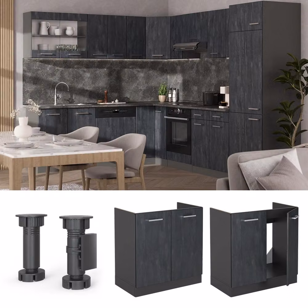 Mobile lavello cucina Vicco R-Line nero e antracite con ante a battente, larghezza: 80 cm – 2