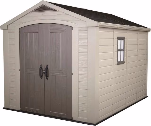 Casetta da Giardino Keter Factor 8x11 con Mensole e Doppia Porta in Polipropilene Rinforzato Beige L: 331,5 cm, P: 256,5 cm, H: 243 cm