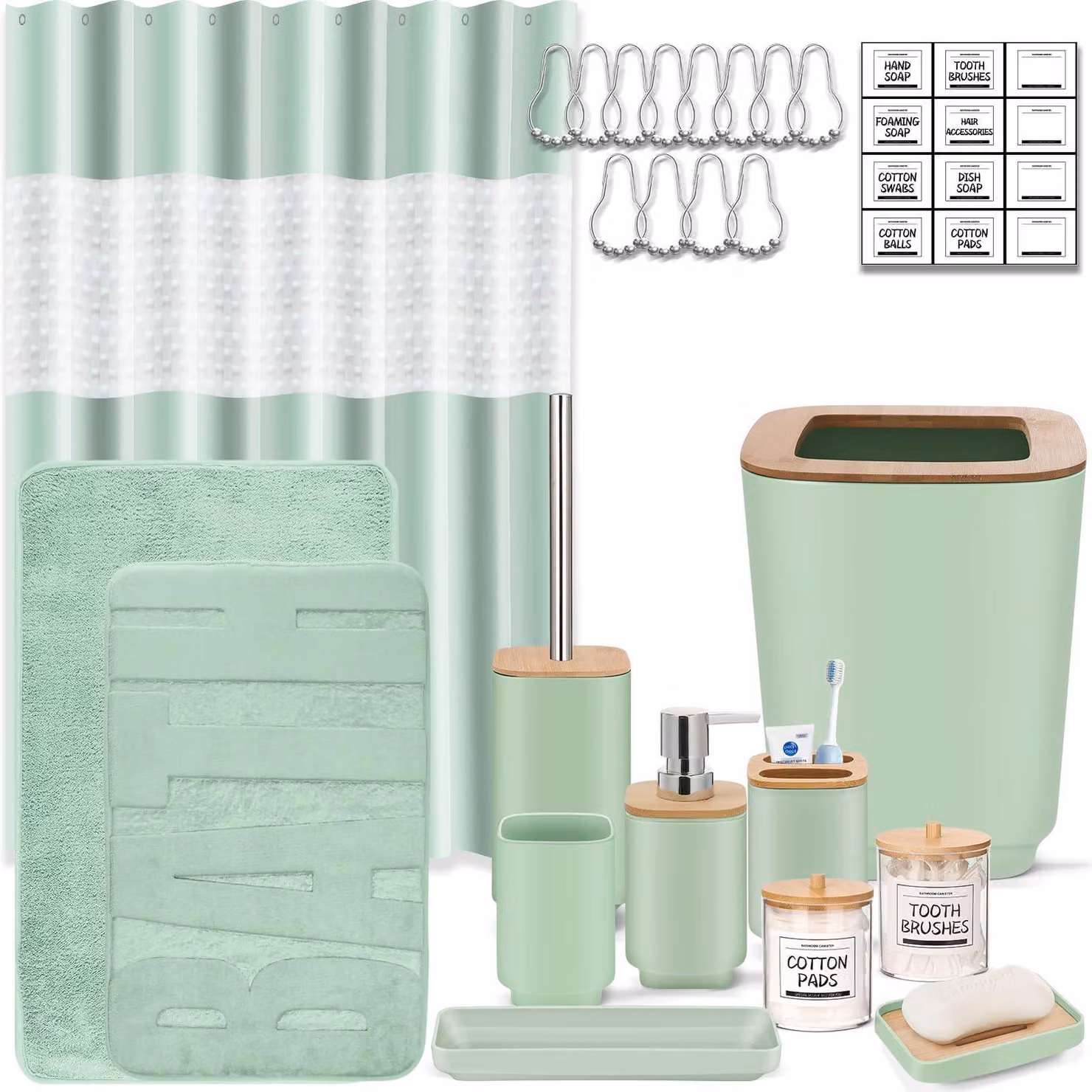 Set di accessori per il bagno, set da bagno verde, set di 24 accessori per il bagno