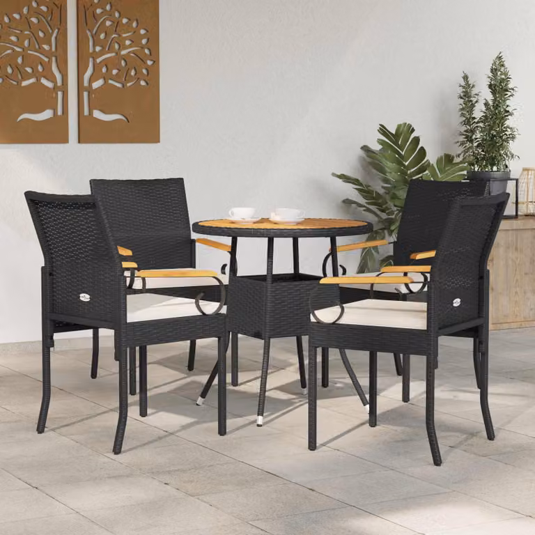 Set di 4 sedie da giardino vidaXL in polyrattan e legno di acacia con cuscini, colore nero e bianco crema